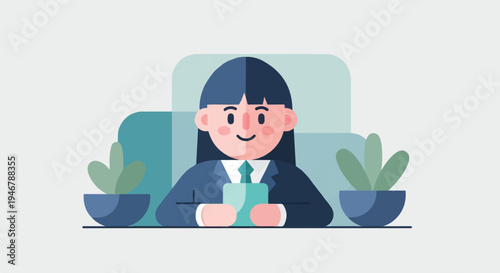 A smiling person in a suit sits at a desk with plants