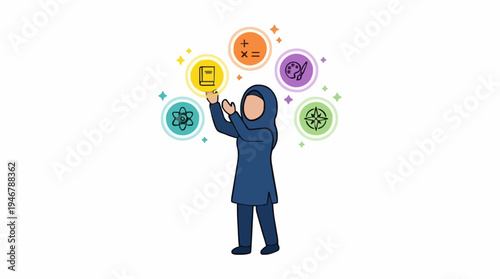 Pixel Art Woman In Blue Hijab Interacting With Colorful Digital Icons Representing Various Fields Of Study And Technology Against A White Background