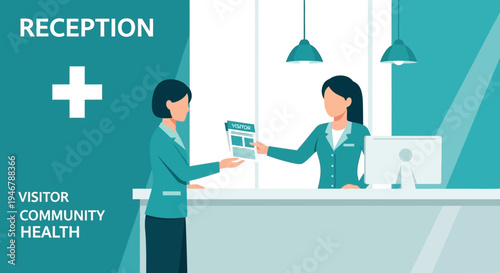 Medical Receptionist And Visitor Interaction Illustrating Healthcare And Community Wellbeing