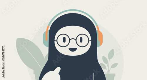 A whimsical character with glasses and headphones, surrounded by houseplants in a minimalist style