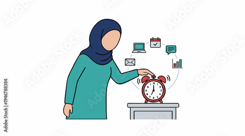 Muslim woman in teal hijab and shirt touches red alarm clock on desk with digital icons symbolizing time management and productivity
