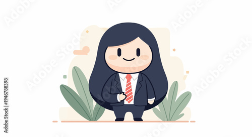 Cute animated character in a suit and tie stands among stylized foliage with a neutral expression