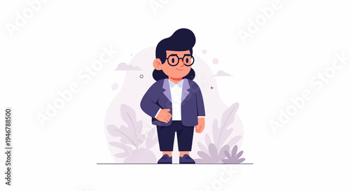 A person in professional attire stands confidently with a hand on their hip, stylized leaves in the background