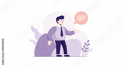 A man in formal attire stands with a speech bubble, amidst abstract shapes and foliage