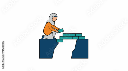 Woman wearing orange top and hijab builds bridge with blue bricks over chasm isolated on white background