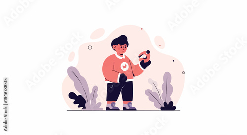 Stylized flat illustration of a young person holding an object, surrounded by abstract shapes and plants