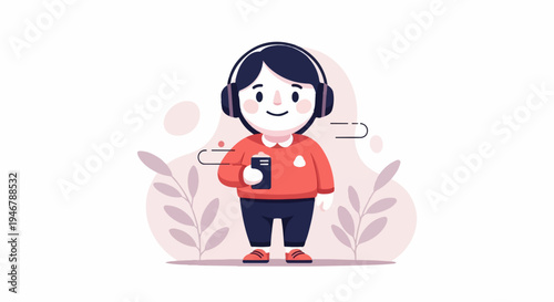 Cartoon person with headphones and phone, listening to music amongst plants