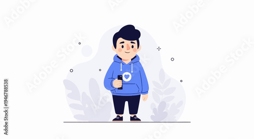 A cheerful cartoon boy in a blue hoodie holds a smartphone, surrounded by decorative shapes and foliage