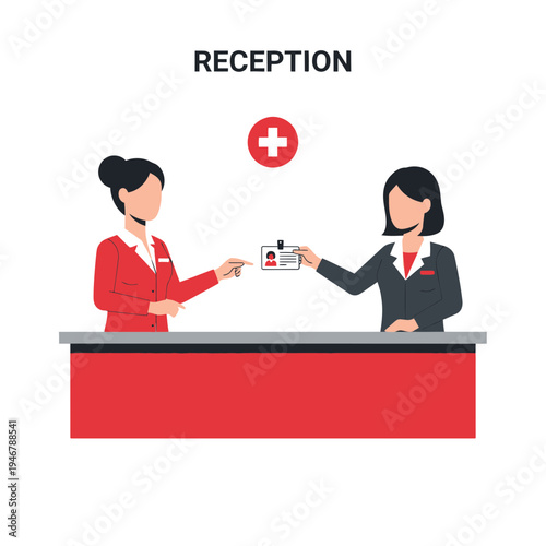 Medical Receptionist Exchange Identification at Healthcare Facility Front Desk Illustration