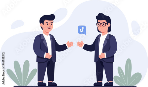 Two business people meet, with a social media icon symbolizing connection and agreement