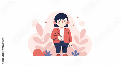 Cartoon of a person in a red jacket and blue pants with a plant background