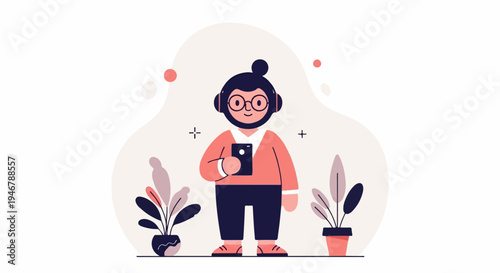 A stylized person with headphones and glasses holds a phone, surrounded by potted plants and abstract shapes