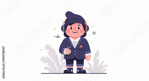 Character with headphones and suit, holding a whistle, surrounded by abstract plants