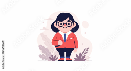 A stylized, cheerful individual in business attire, set against a minimalist background with botanical elements