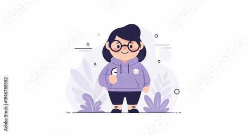 Chubby animated character in a purple hoodie, holding a white object