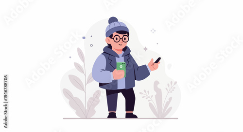 Young person in winter attire, wearing glasses and a beanie, holding a smartphone and a stylus