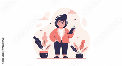 A person with headphones and a tablet stands between potted plants, with a soft, light background