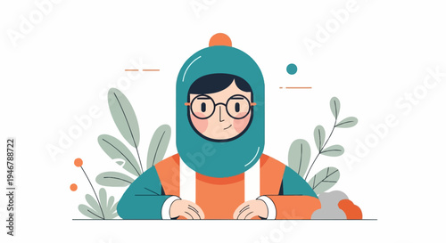 A person with glasses in a teal hooded garment and orange clothing sits with hands resting on a surface