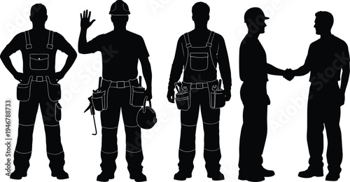 Collection of construction worker silhouettes with tools and safety helmets, builders shaking hands and standing poses representing teamwork, skilled trades, industrial labor, engineering profession