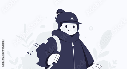 Stylized character with backpack, headphones, and scarf in a minimalist, cool-toned scene
