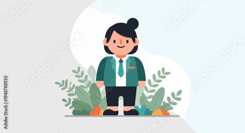 A cartoon person in a suit stands among plants with a simple background