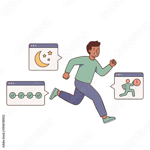 A man runs quickly past chat windows on a computer screen interface