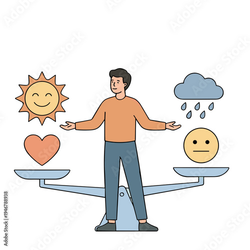Man weighs emotions on a seesaw with sun, cloud, and heart symbols