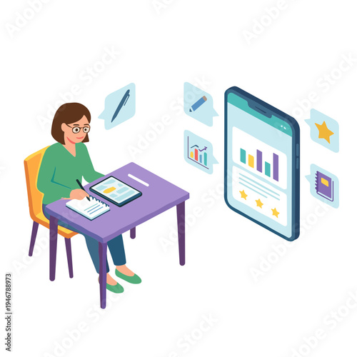 Person sitting at desk analyzing data on phone and clipboard