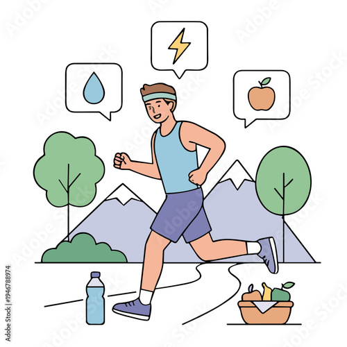 Man jogging in mountains with water bottle and healthy snacks