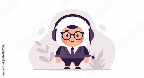Cheerful cartoon character in a suit and headset, surrounded by abstract plant shapes