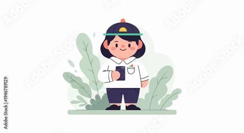Cheerful character in casual wear holding a smartphone, amidst minimalist foliage