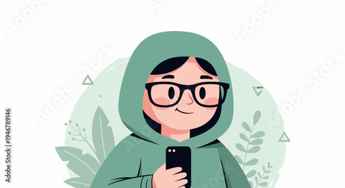 A person with glasses and a hoodie holds a smartphone, surrounded by abstract plant shapes