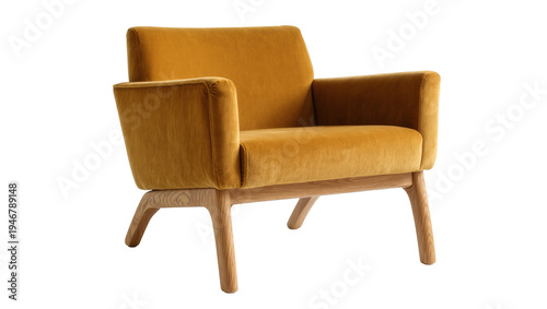Fotografija Isolated elegant mustard yellow velvet armchair with wooden legs, modern upholst