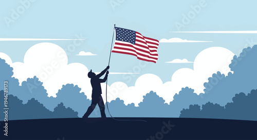 Man holding American flag high.