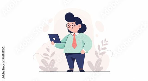 A stylized person with glasses, a mint shirt, and a red tie holds a laptop