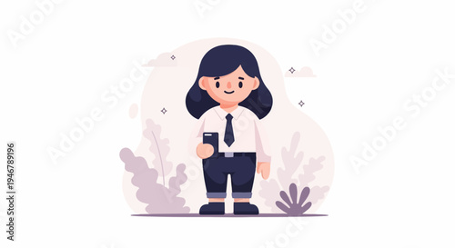 Charming cartoon illustration of a person in business attire, holding a phone, surrounded by abstract nature elements