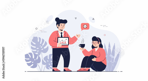 Two colleagues discuss business over a cup of coffee, with a graph on a tablet