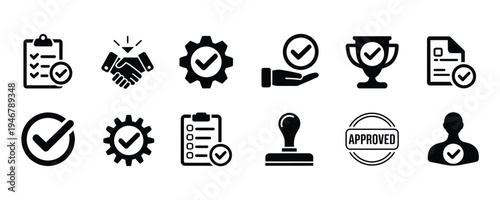 Black icons of checkmarks and approval symbols for business and quality control