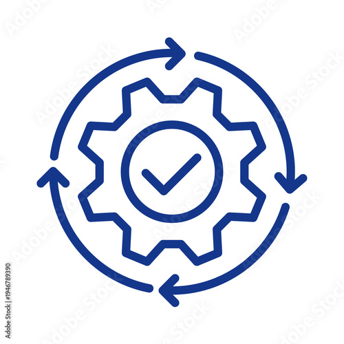 Blue gear icon with clock and arrows isolated on transparent background
