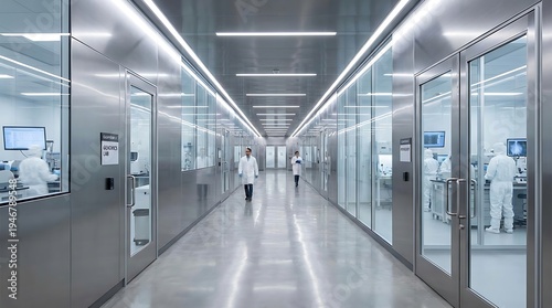 Modern, sterile corridor within a high-tech research and development cleanroom facility, showcasing advanced scientific work and precision engineering environment
