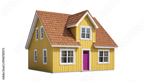 Obraz na plátně Isolated charming yellow house with a purple door and brown roof, a cozy home