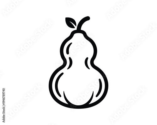 Pear fruit outline with stem and leaf, simple drawing for fruit and food concepts