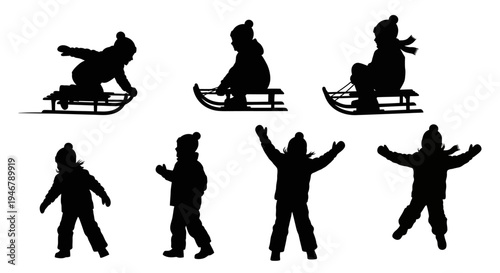 Children Silhouettes Playing in Snow: Sledding and Jumping