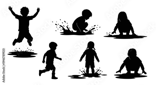 Children Silhouettes Playing in Puddles, Jumping and Splashing Water, Outdoor Fun