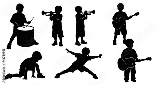 Children Silhouettes Playing Musical Instruments and Dancing
