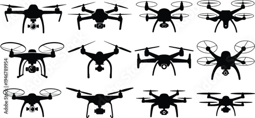 Collection of drone silhouettes set, quadcopter UAV icons with camera, aerial technology illustration bundle isolated, modern unmanned aerial vehicle designs for surveillance, delivery, photography, 