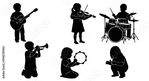 Children Silhouettes Playing Musical Instruments: Guitar, Violin, Drums, Trumpet, Tambourine, Keyboard