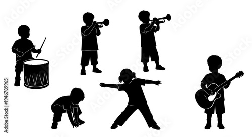 Children Silhouettes Playing Musical Instruments and Dancing