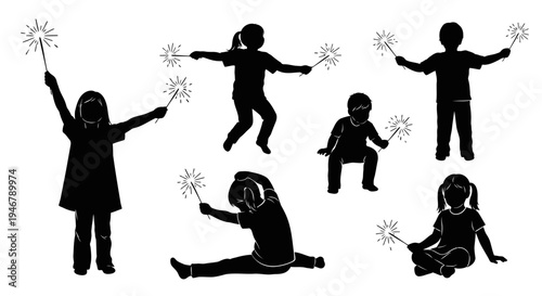 Children Silhouettes Holding Sparklers, Celebrating New Year or Festival