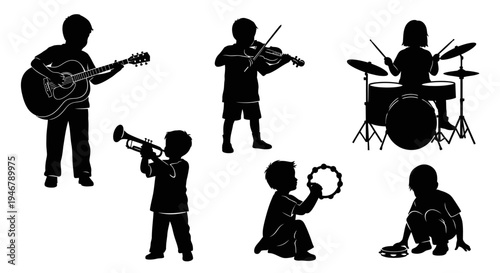 Children Silhouettes Playing Musical Instruments: Guitar, Violin, Drums, Trumpet, Tambourine